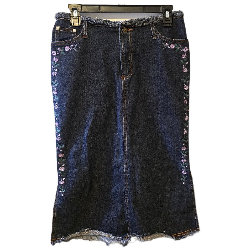 Vintage Y2K Gioven Kelvin Denim Flower Embroidered Midi Skirt Raw Hem Fairy 30"